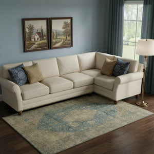 HomeRoots 9' X 12' Elegant Blue Beige Taupe Medallion Area Rug - Washable, UV Protected & Non-Slip Design 696295