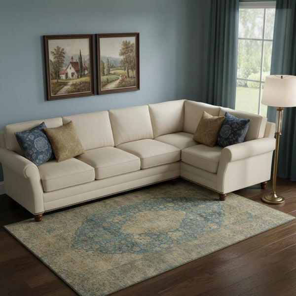 HomeRoots 9' X 12' Elegant Blue Beige Taupe Medallion Area Rug - Washable, UV Protected & Non-Slip Design 696295