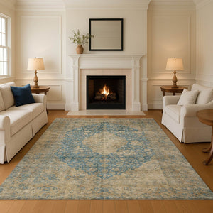 HomeRoots 9' X 12' Elegant Blue Beige Taupe Medallion Area Rug - Washable, UV Protected & Non-Slip Design 696295