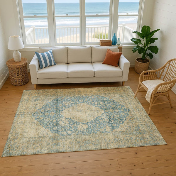 HomeRoots 9' X 12' Elegant Blue Beige Taupe Medallion Area Rug - Washable, UV Protected & Non-Slip Design 696295