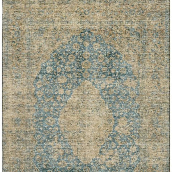 HomeRoots 9' X 12' Elegant Blue Beige Taupe Medallion Area Rug - Washable, UV Protected & Non-Slip Design 696295