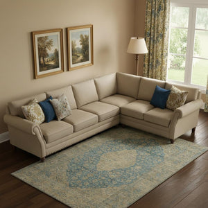 HomeRoots 10' X 14' Blue Beige Taupe Medallion Washable Rug - Stain Resistant, UV Protected, Family Friendly! 696296