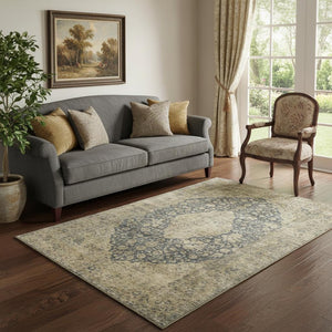 HomeRoots 5' X 8' Charcoal Gray & Beige Medallion Area Rug - Durable, Stain-Resistant with UV Protection! 696298