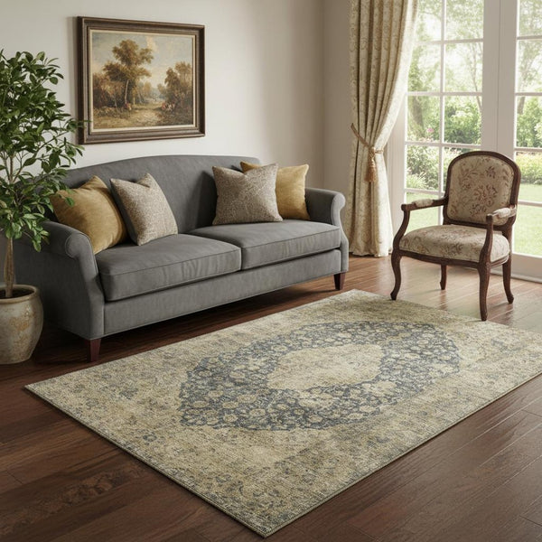 HomeRoots 5' X 8' Charcoal Gray & Beige Medallion Area Rug - Durable, Stain-Resistant with UV Protection! 696298