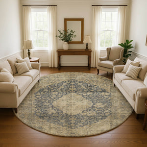HomeRoots 8' Charcoal Gray & Beige Medallion Washable Round Rug - UV Protected, Stain Resistant, Durable Design 696299