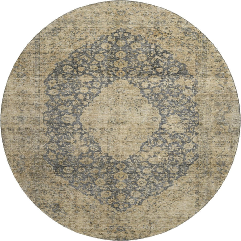 HomeRoots 8' Charcoal Gray & Beige Medallion Washable Round Rug - UV Protected, Stain Resistant, Durable Design 696299