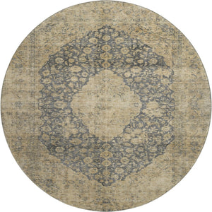 HomeRoots 8' Charcoal Gray & Beige Medallion Washable Round Rug - UV Protected, Stain Resistant, Durable Design 696299
