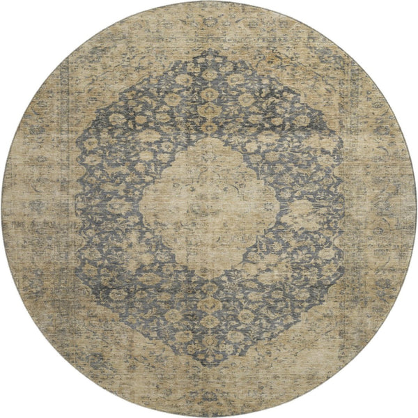 HomeRoots 8' Charcoal Gray & Beige Medallion Washable Round Rug - UV Protected, Stain Resistant, Durable Design 696299