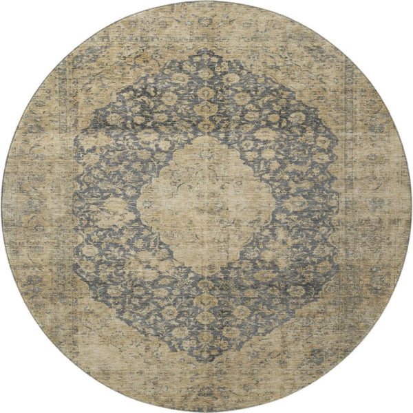 HomeRoots 8' Charcoal Gray & Beige Medallion Washable Round Rug - UV Protected, Stain Resistant, Durable Design 696299
