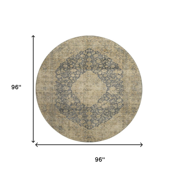 HomeRoots 8' Charcoal Gray & Beige Medallion Washable Round Rug - UV Protected, Stain Resistant, Durable Design 696299