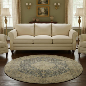 HomeRoots 8' Charcoal Gray & Beige Medallion Washable Round Rug - UV Protected, Stain Resistant, Durable Design 696299