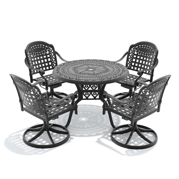 English Elm 5-piece Cast Aluminum Outdoor Dining Set with Swivel Chairs and Round Patio Table W1710S00342