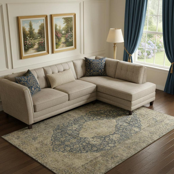 HomeRoots 9' Charcoal Gray & Beige Medallion Area Rug - Washable, UV-Protected, Stain-Resistant Comfort for Homes 696301