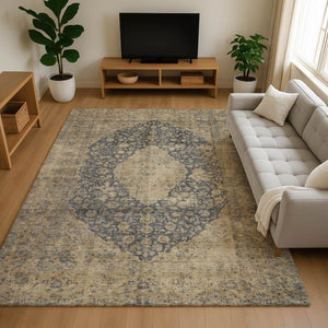 HomeRoots 9' Charcoal Gray & Beige Medallion Area Rug - Washable, UV-Protected, Stain-Resistant Comfort for Homes 696301