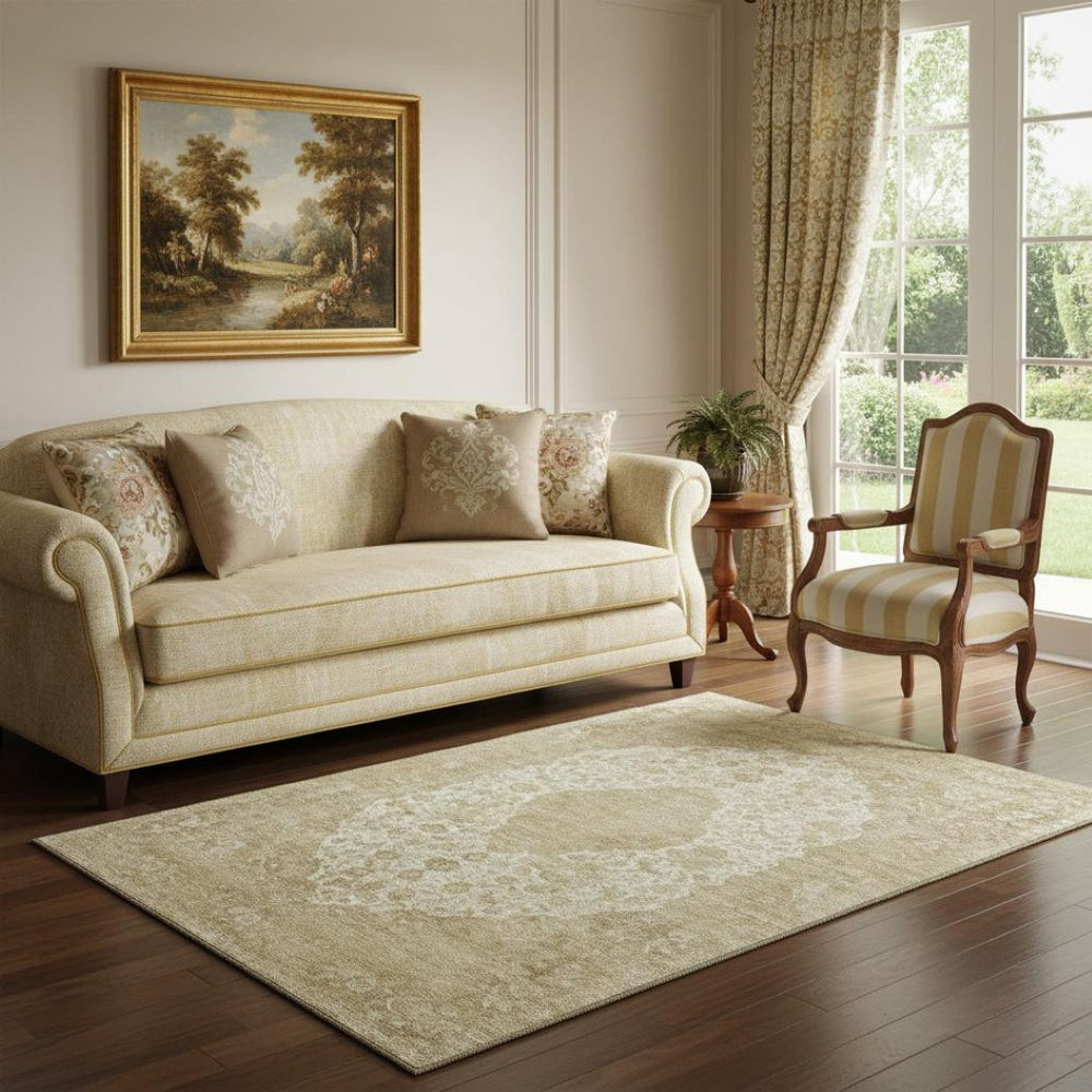 HomeRoots 5' X 8' Ivory and Beige Medallion Area Rug - Washable, Stain-Resistant, UV Protected for Durability 696304