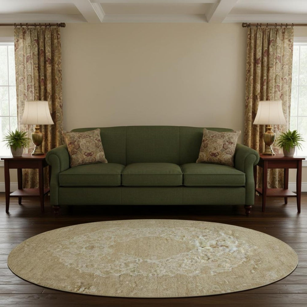 HomeRoots 8' Ivory and Beige Medallion Round Rug - Washable, UV-Protected, Stain Resistant for Busy Homes! 696305