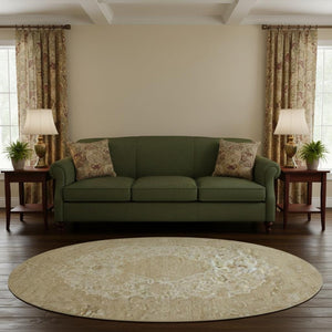 HomeRoots 8' Ivory and Beige Medallion Round Rug - Washable, UV-Protected, Stain Resistant for Busy Homes! 696305