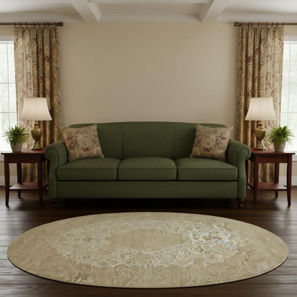 HomeRoots 8' Ivory and Beige Medallion Round Rug - Washable, UV-Protected, Stain Resistant for Busy Homes! 696305