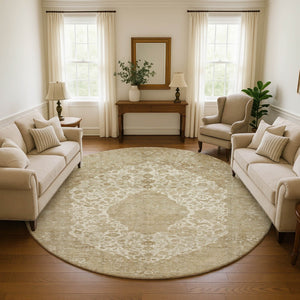 HomeRoots 8' Ivory and Beige Medallion Round Rug - Washable, UV-Protected, Stain Resistant for Busy Homes! 696305