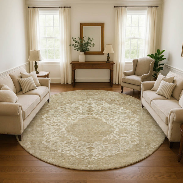 HomeRoots 8' Ivory and Beige Medallion Round Rug - Washable, UV-Protected, Stain Resistant for Busy Homes! 696305