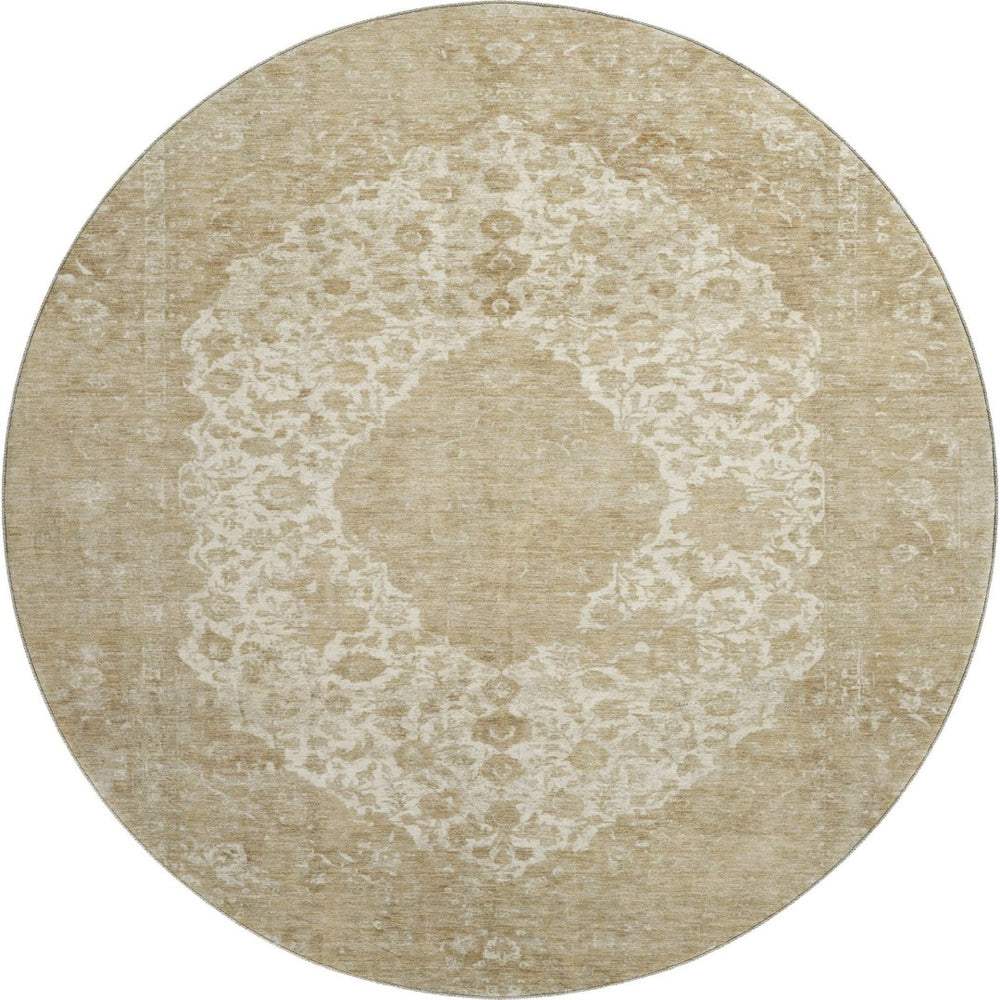 HomeRoots 8' Ivory and Beige Medallion Round Rug - Washable, UV-Protected, Stain Resistant for Busy Homes! 696305
