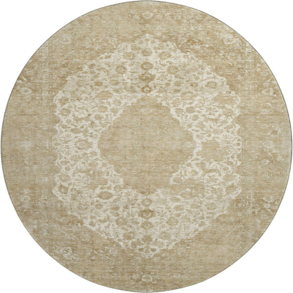 HomeRoots 8' Ivory and Beige Medallion Round Rug - Washable, UV-Protected, Stain Resistant for Busy Homes! 696305