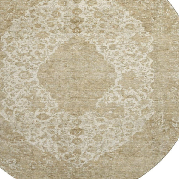 HomeRoots 8' Ivory and Beige Medallion Round Rug - Washable, UV-Protected, Stain Resistant for Busy Homes! 696305