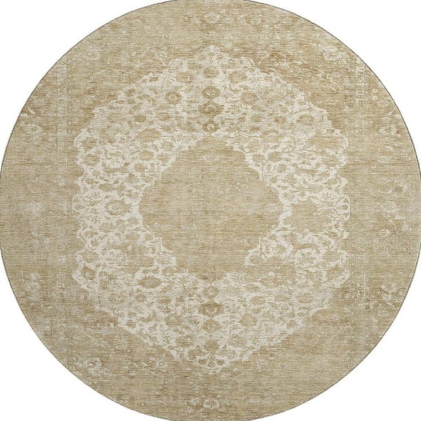 HomeRoots 8' Ivory and Beige Medallion Round Rug - Washable, UV-Protected, Stain Resistant for Busy Homes! 696305