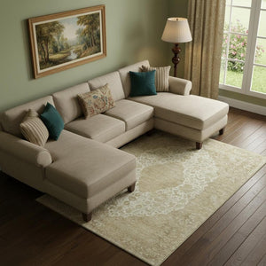 HomeRoots 9' X 12' Ivory & Beige Medallion Area Rug - Soft, Stain-Resistant, UV-Protected for High-Traffic Spaces 696307