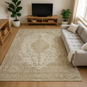 HomeRoots 9' X 12' Ivory & Beige Medallion Area Rug - Soft, Stain-Resistant, UV-Protected for High-Traffic Spaces 696307