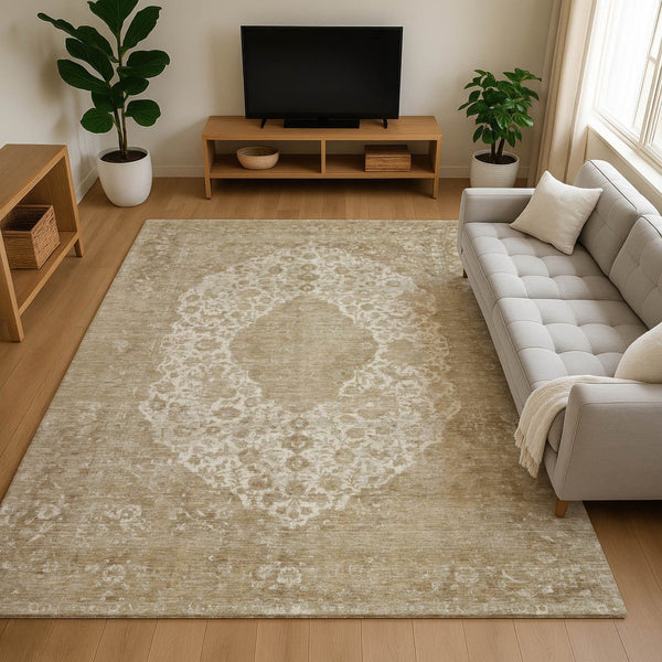 HomeRoots 9' X 12' Ivory & Beige Medallion Area Rug - Soft, Stain-Resistant, UV-Protected for High-Traffic Spaces 696307