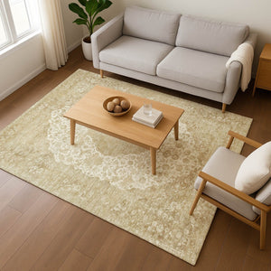 HomeRoots 9' X 12' Ivory & Beige Medallion Area Rug - Soft, Stain-Resistant, UV-Protected for High-Traffic Spaces 696307