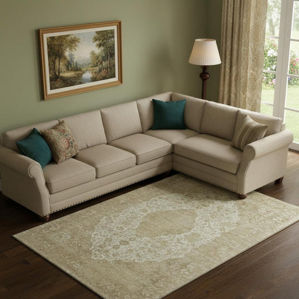 HomeRoots 10' X 14' Ivory and Beige Medallion Area Rug - Washable, UV Protected, Durable for Busy Homes 696308