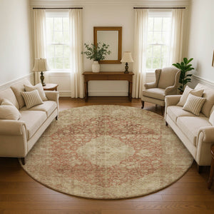 HomeRoots 8' Elegant Rust & Beige Medallion Round Rug – Washable, UV Protected, Durable for Busy Homes 696311