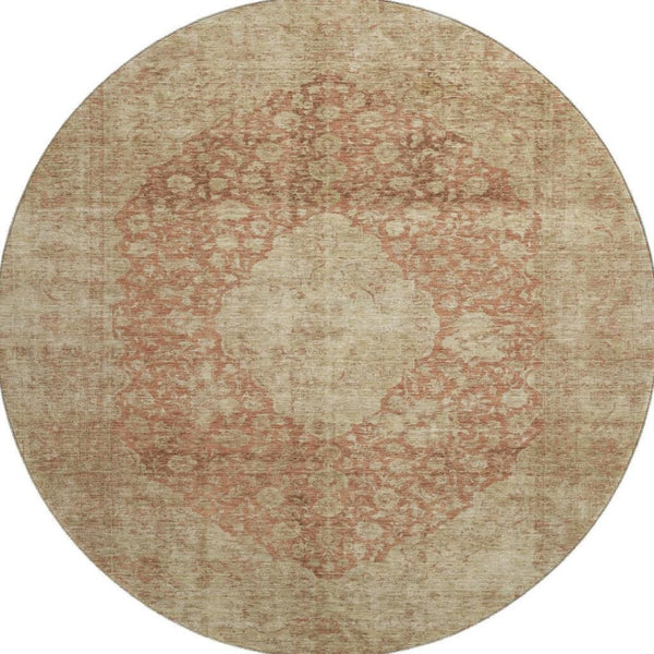 HomeRoots 8' Elegant Rust & Beige Medallion Round Rug – Washable, UV Protected, Durable for Busy Homes 696311