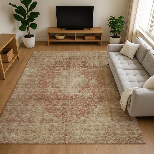 HomeRoots 10' X 14' Durable Rust and Beige Medallion Area Rug - Washable, UV-Protected, Perfect for Families 696314