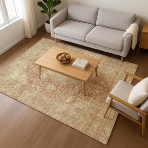 HomeRoots 10' X 14' Durable Rust and Beige Medallion Area Rug - Washable, UV-Protected, Perfect for Families 696314