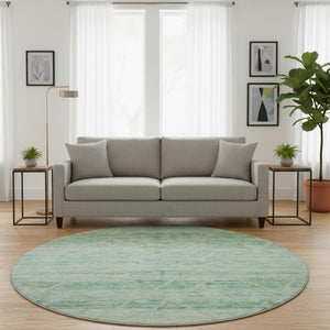 HomeRoots 8' Artichoke Green Teal Ivory Abstract Round Rug – Washable, UV-Protected, Stylish for Any Space! 696317
