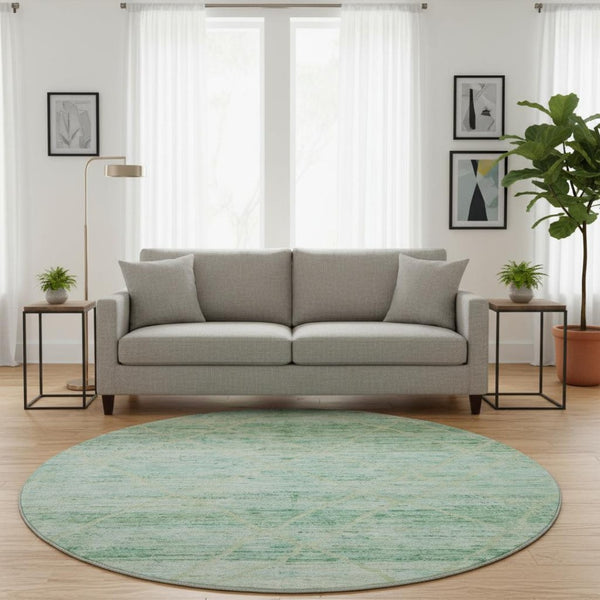 HomeRoots 8' Artichoke Green Teal Ivory Abstract Round Rug – Washable, UV-Protected, Stylish for Any Space! 696317