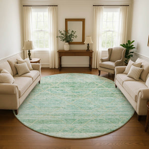 HomeRoots 8' Artichoke Green Teal Ivory Abstract Round Rug – Washable, UV-Protected, Stylish for Any Space! 696317