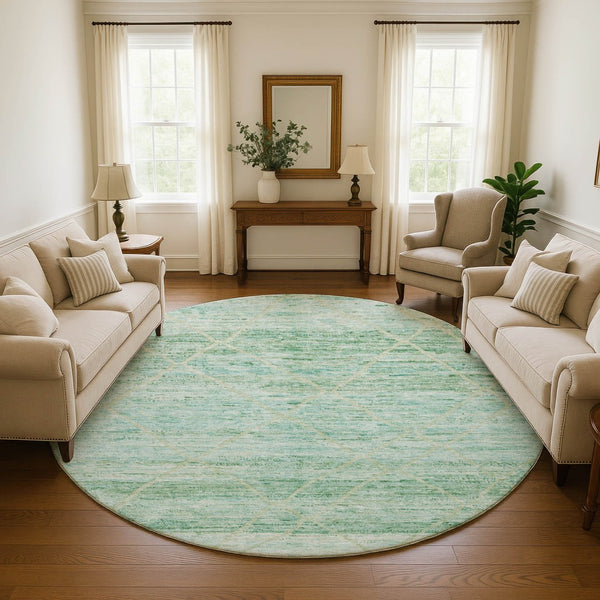 HomeRoots 8' Artichoke Green Teal Ivory Abstract Round Rug – Washable, UV-Protected, Stylish for Any Space! 696317