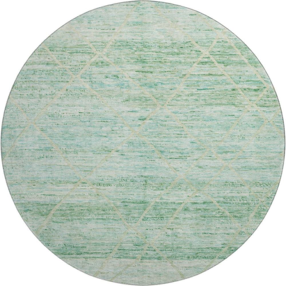 HomeRoots 8' Artichoke Green Teal Ivory Abstract Round Rug – Washable, UV-Protected, Stylish for Any Space! 696317