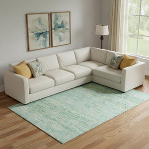 HomeRoots 10' X 14' Artichoke Green Teal Ivory Geometric Washable Area Rug with UV Protection for Any Space 696320