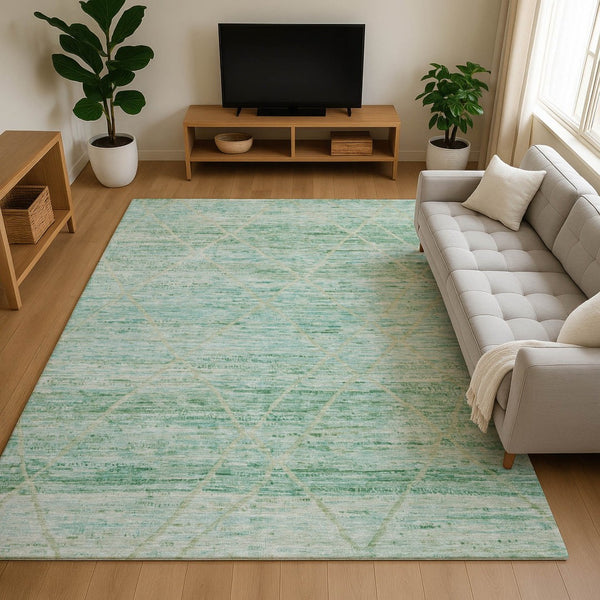 HomeRoots 10' X 14' Artichoke Green Teal Ivory Geometric Washable Area Rug with UV Protection for Any Space 696320