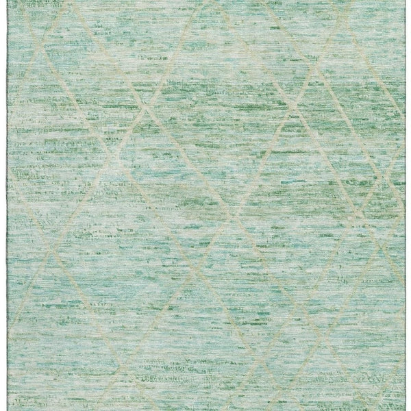 HomeRoots 10' X 14' Artichoke Green Teal Ivory Geometric Washable Area Rug with UV Protection for Any Space 696320
