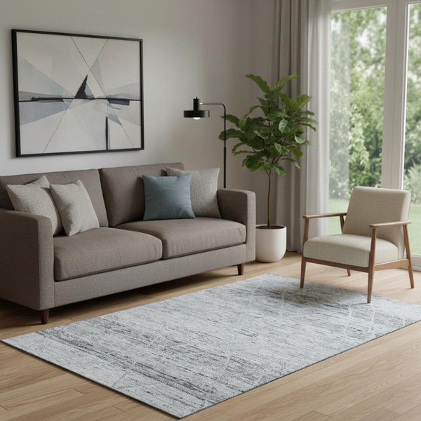 HomeRoots 5' X 8' Contemporary Blue-Gray & Silver Washable Area Rug with UV Protection for Busy Homes 696322