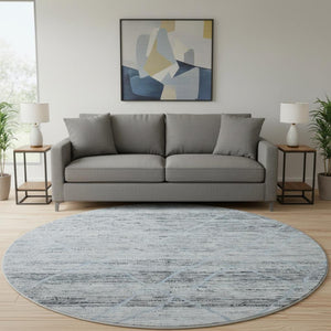 HomeRoots 8' Blue Gray Geometric Washable Round Rug - Durable, Stain Resistant, UV Protected for All Spaces 696323