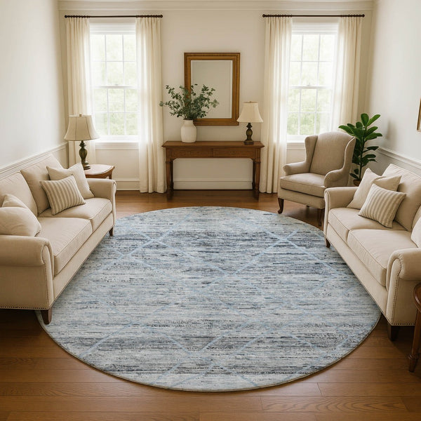 HomeRoots 8' Blue Gray Geometric Washable Round Rug - Durable, Stain Resistant, UV Protected for All Spaces 696323
