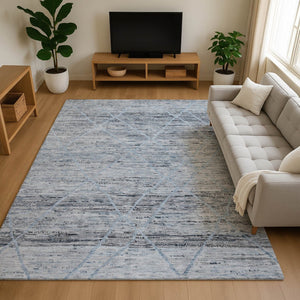 HomeRoots 9' Abstract Geometric Area Rug in Blue-Gray & Silver | Washable, UV-Protected, Non-Slip Design 696325