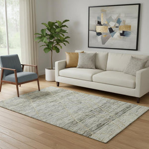 HomeRoots 5' Pewter Beige & Gold Abstract Geometric Washable Area Rug with UV Protection for Modern Spaces 696328